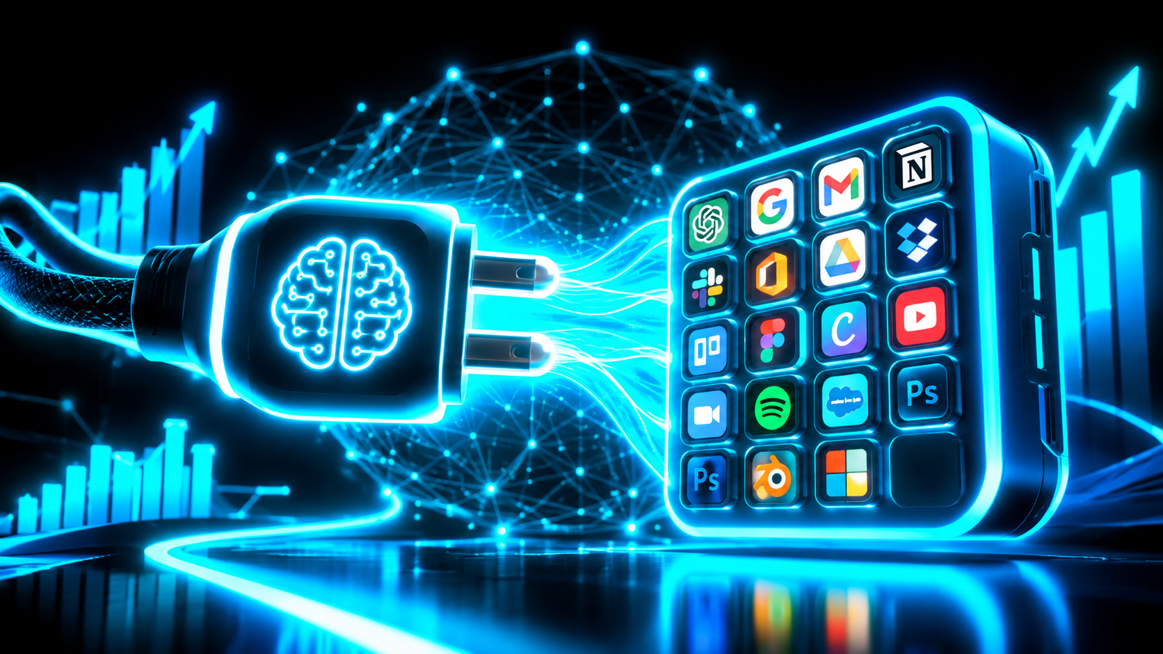 A glowing universal adapter plug with an AI brain on one end and a wall of different app sockets on the other, one plug fitting many sockets