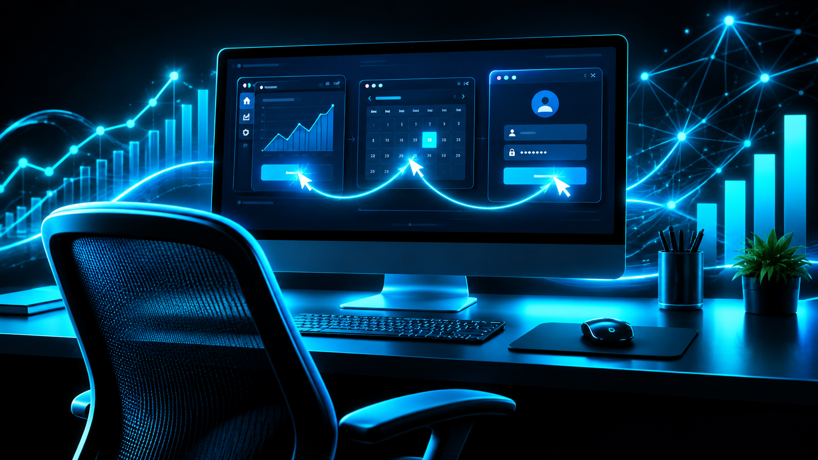 A Mac desktop with the cursor moving on its own, leaving a light trail as it clicks a button, opens a calendar, and fills a login form, with the chair empty and the mouse untouched