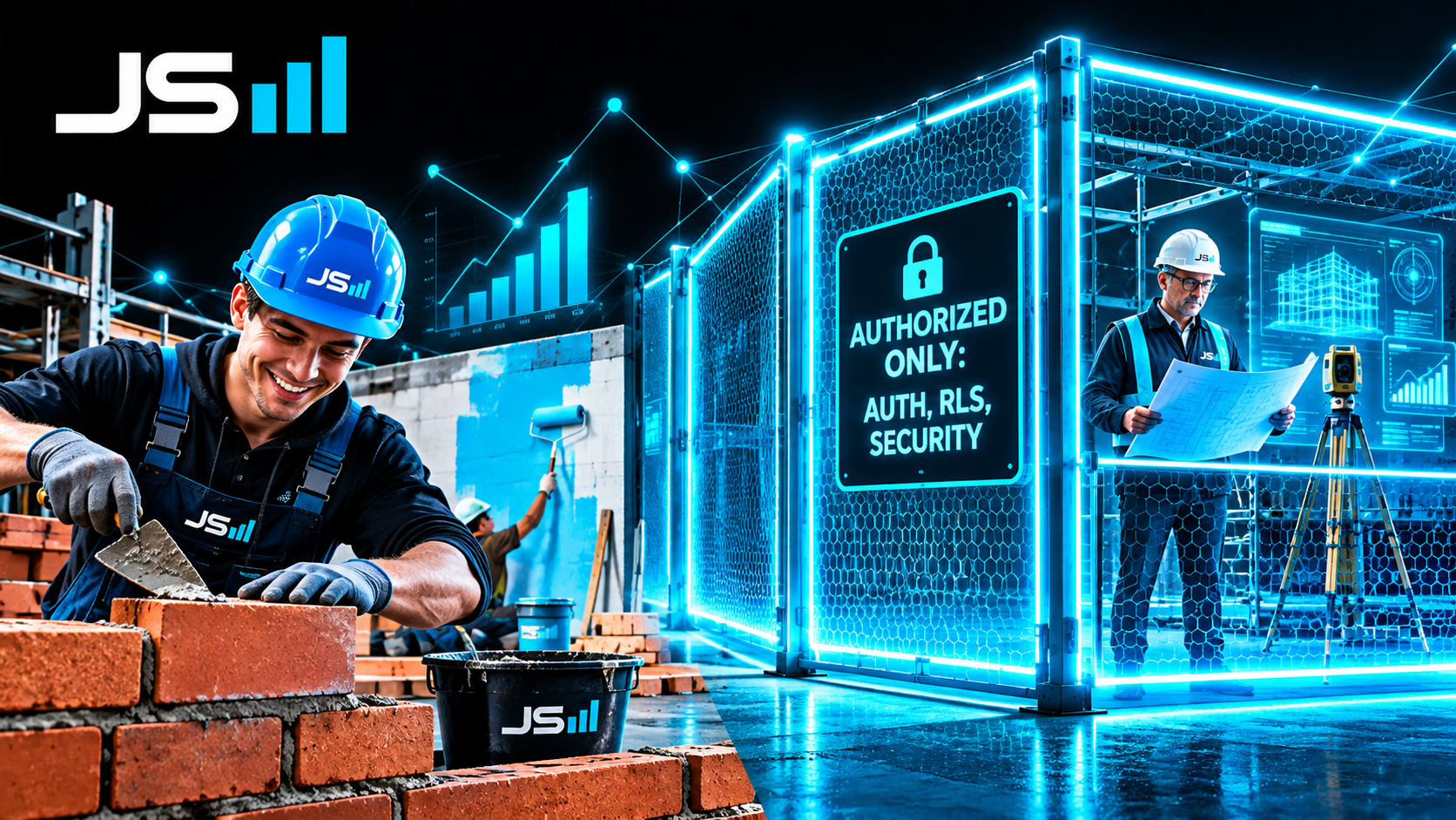 A construction site where a junior worker happily lays bricks in the open area while a tall glowing fence marks off a section labeled authorized only, auth, RLS, security, with a senior engineer inside reviewing blueprints
