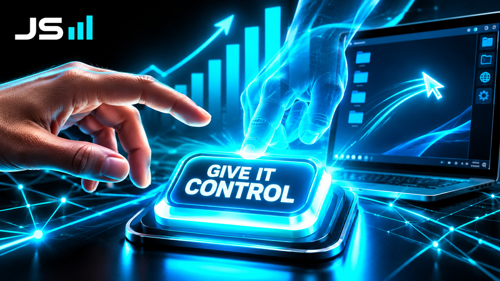 A hand hesitating over a glowing switch labeled give it control, with a ghosted second hand already pressing it as a cursor starts moving by itself