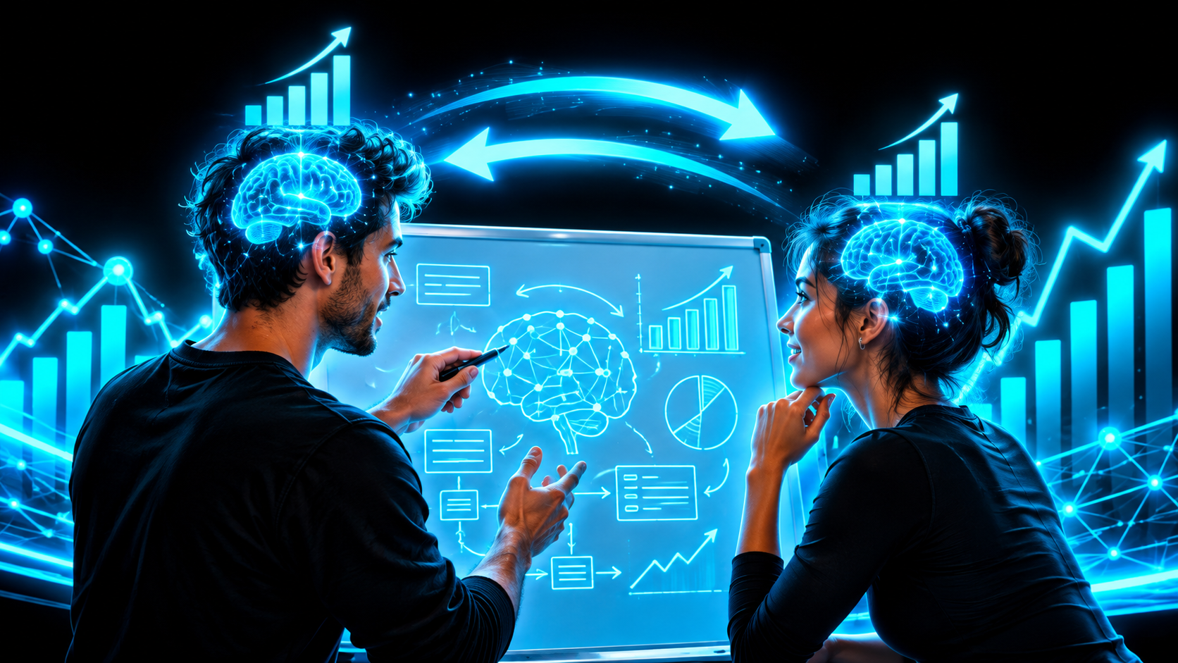 Two figures at a whiteboard, one explaining a diagram to the other, with glowing arrows flowing both directions between their heads and both leveling up