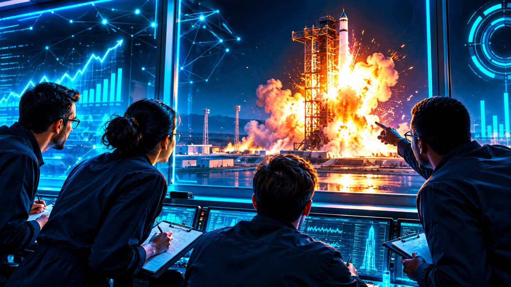 A rocket exploding on a test stand while engineers behind a control room window lean forward taking notes