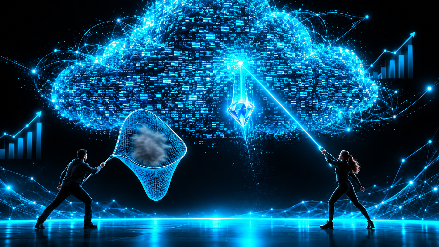 A vast glowing cloud of words, one person below it swinging a vague net and catching a gray blob, another aiming a precise laser into one point of the cloud and pulling out a bright gem
