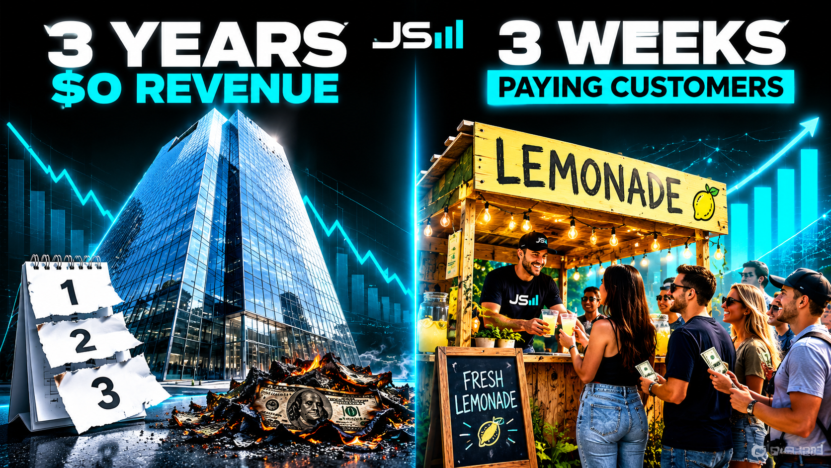 Two panels, a gleaming perfect glass skyscraper with no customers and a pile of burned money labeled three years zero revenue, next to a crooked plywood shack with a line of happy paying customers labeled three weeks paying customers