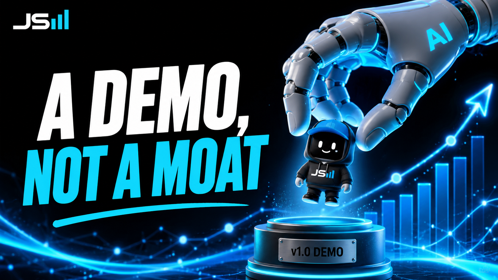 A tiny toy app on a pedestal under a spotlight while a giant AI hand reaches down to pocket it, headline reading A Demo, Not a Moat