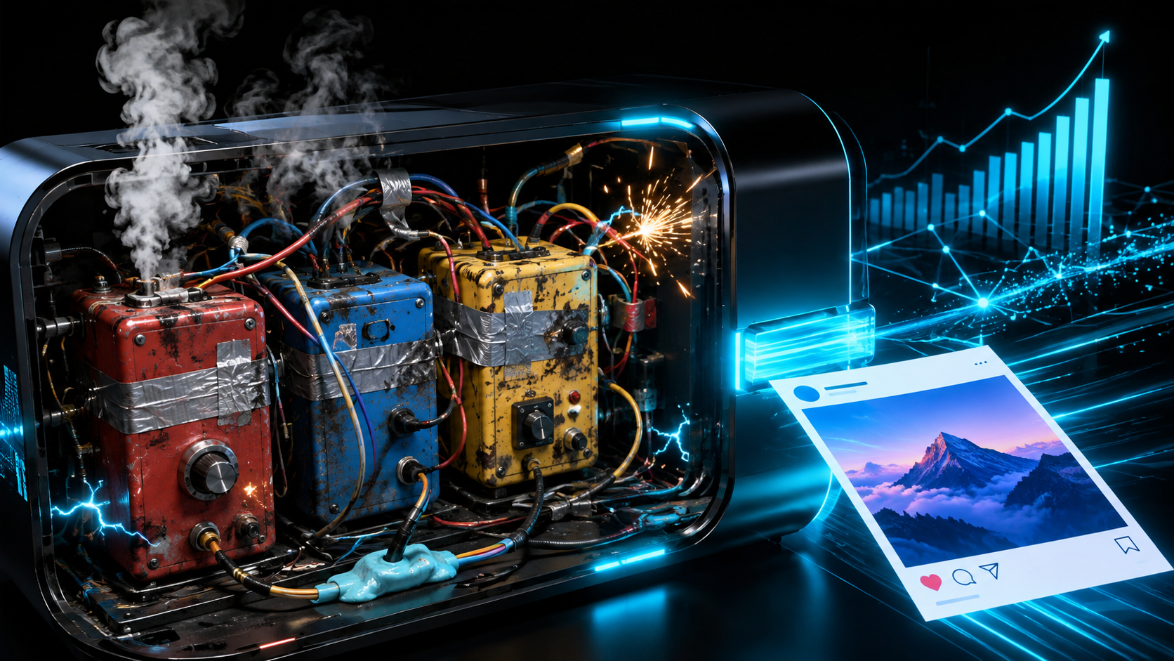 Under the hood of a machine made of three mismatched boxes wired together with duct tape and a strip of chewing gum, sparks leaking, but a clean social media post coming out the other end