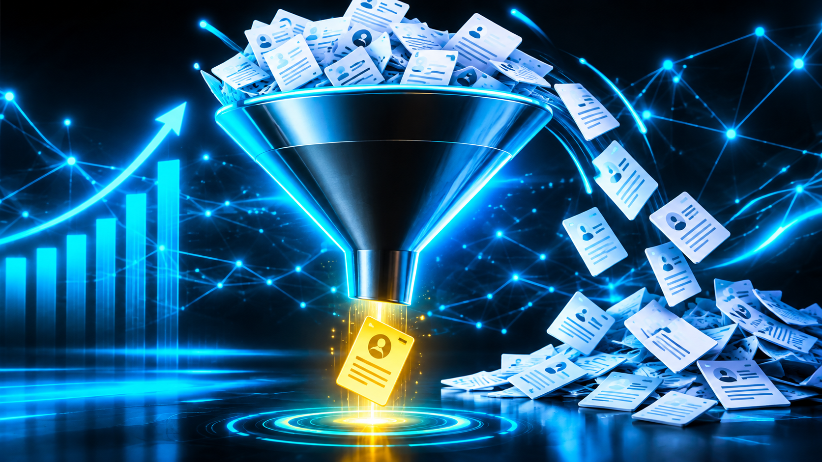 A large funnel with many paper job cards pouring in the top, most sliding off into a discard pile, one bright gold card dropping out the bottom