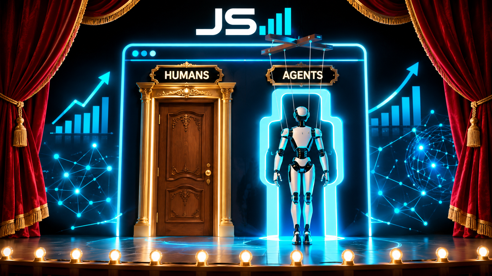A robot marionette at a glowing browser-shaped doorway with two entrances side by side, an ornate human door and a clean robot-shaped slot, labeled HUMANS and AGENTS