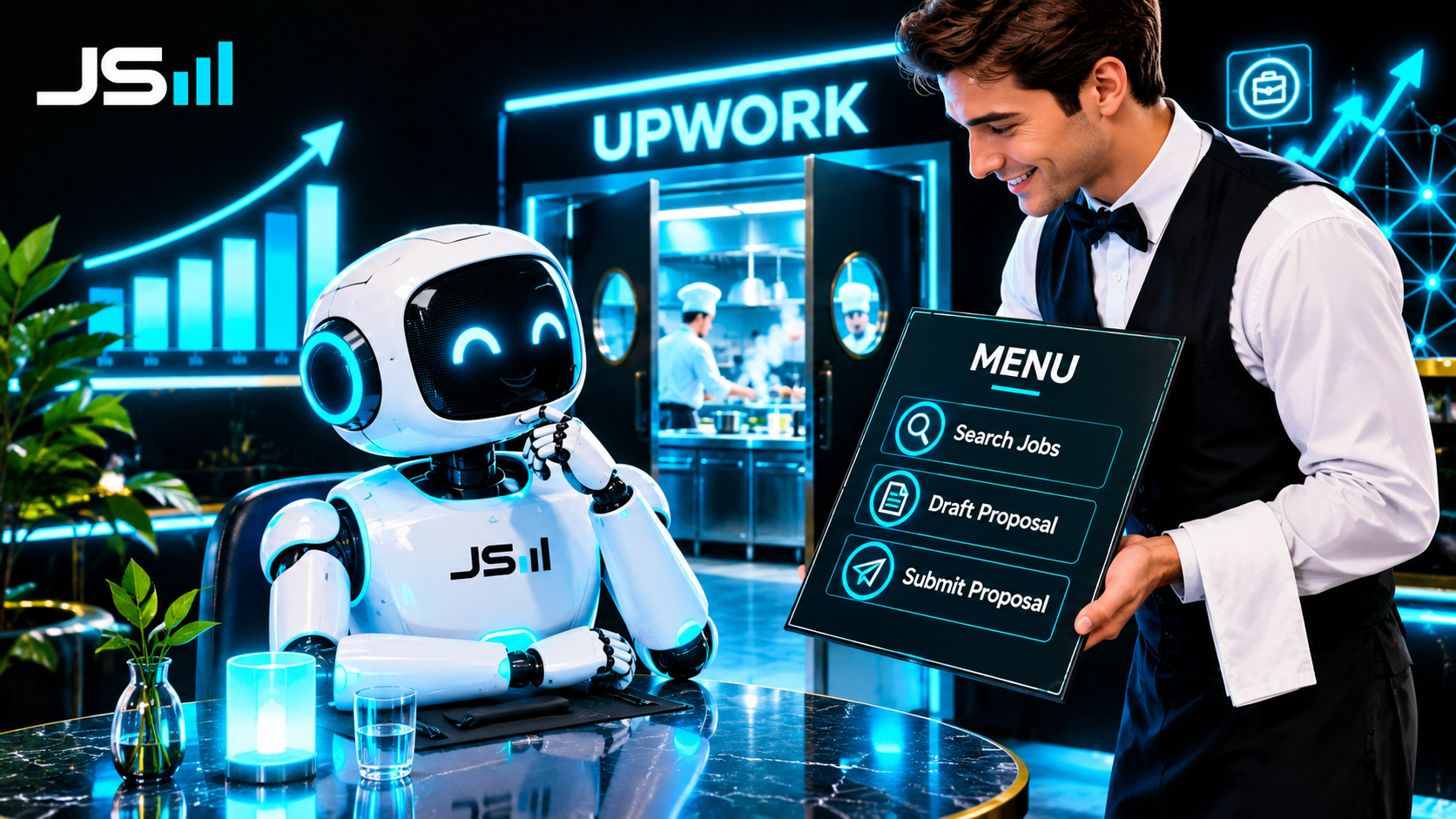 A friendly robot seated at a restaurant table while a waiter hands it a menu listing search jobs, draft proposal, submit proposal, with a kitchen labeled Upwork visible through a swinging door