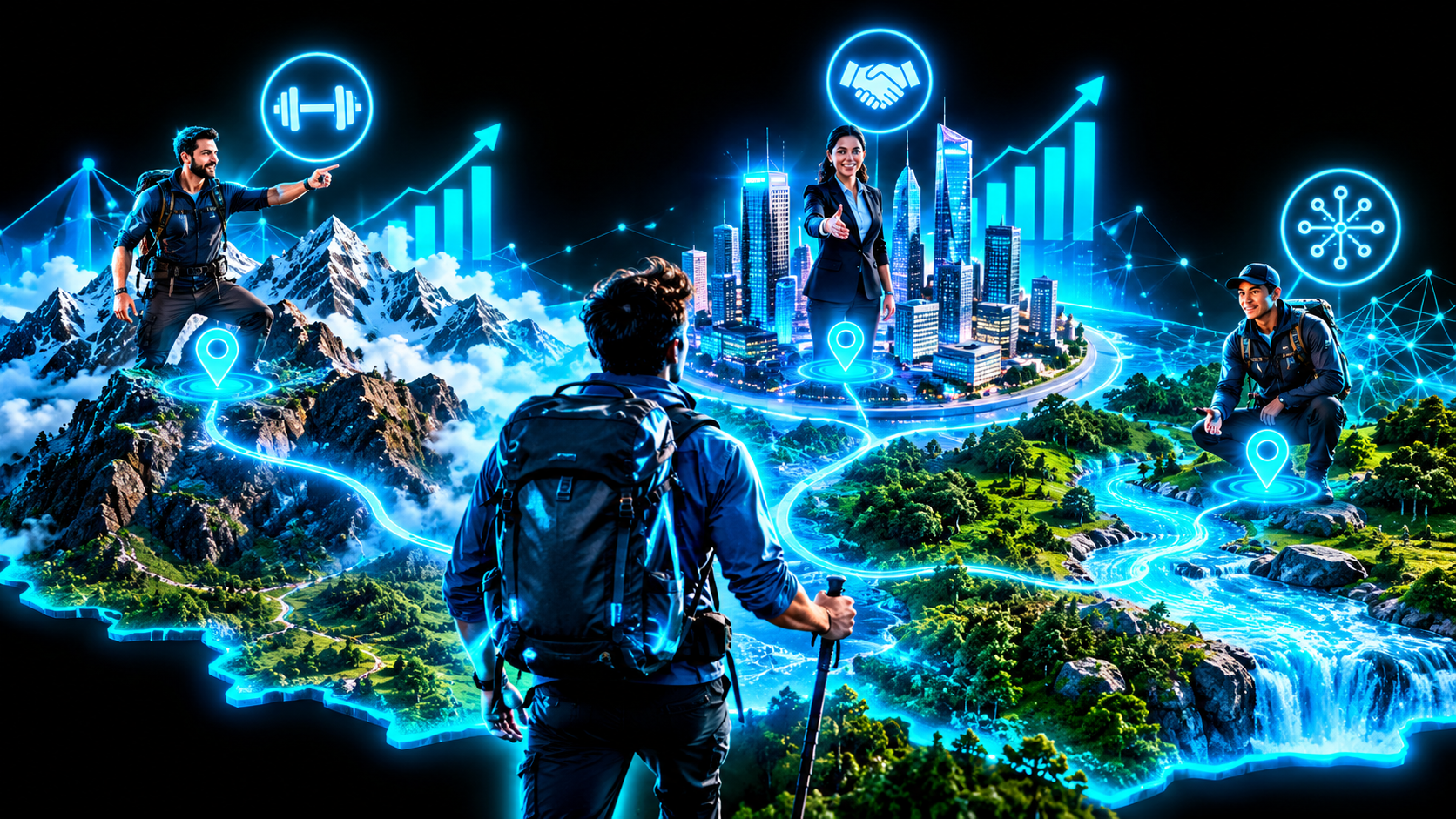 A traveler on a map of varied terrain with a different guide standing at each region, one at a mountain with a barbell icon, one at a city with a handshake icon, one at a river with a circuit icon
