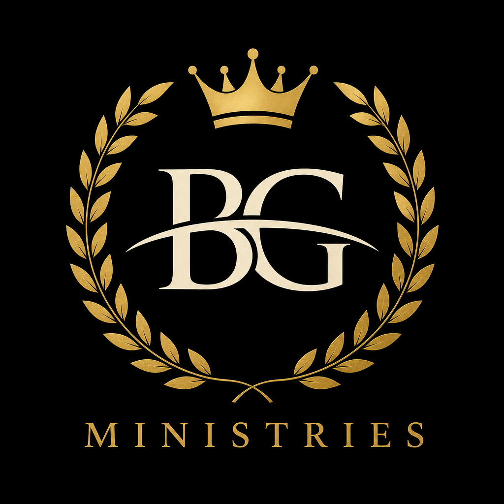 Be Good Ministries logo featuring a crown above the initials BG, surrounded by a laurel wreath, with the MINISTRIES wordmark