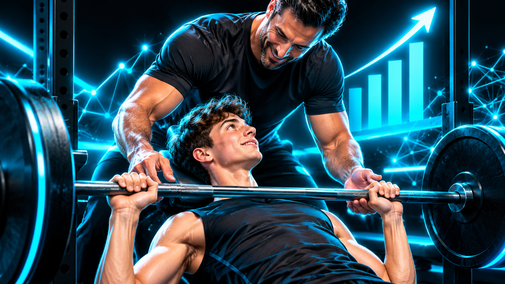 A skinny young man at a gym looking up at an older fit man who is spotting him on a barbell and adjusting his grip