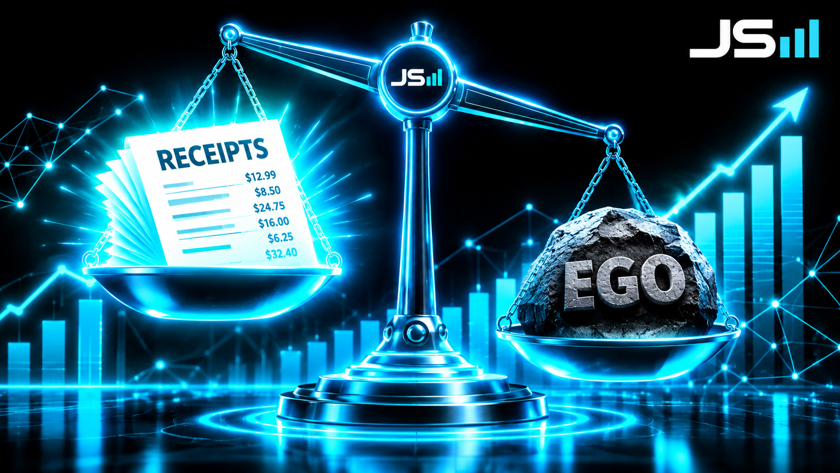A balance scale with a glowing document labeled receipts outweighing a heavy stone labeled ego