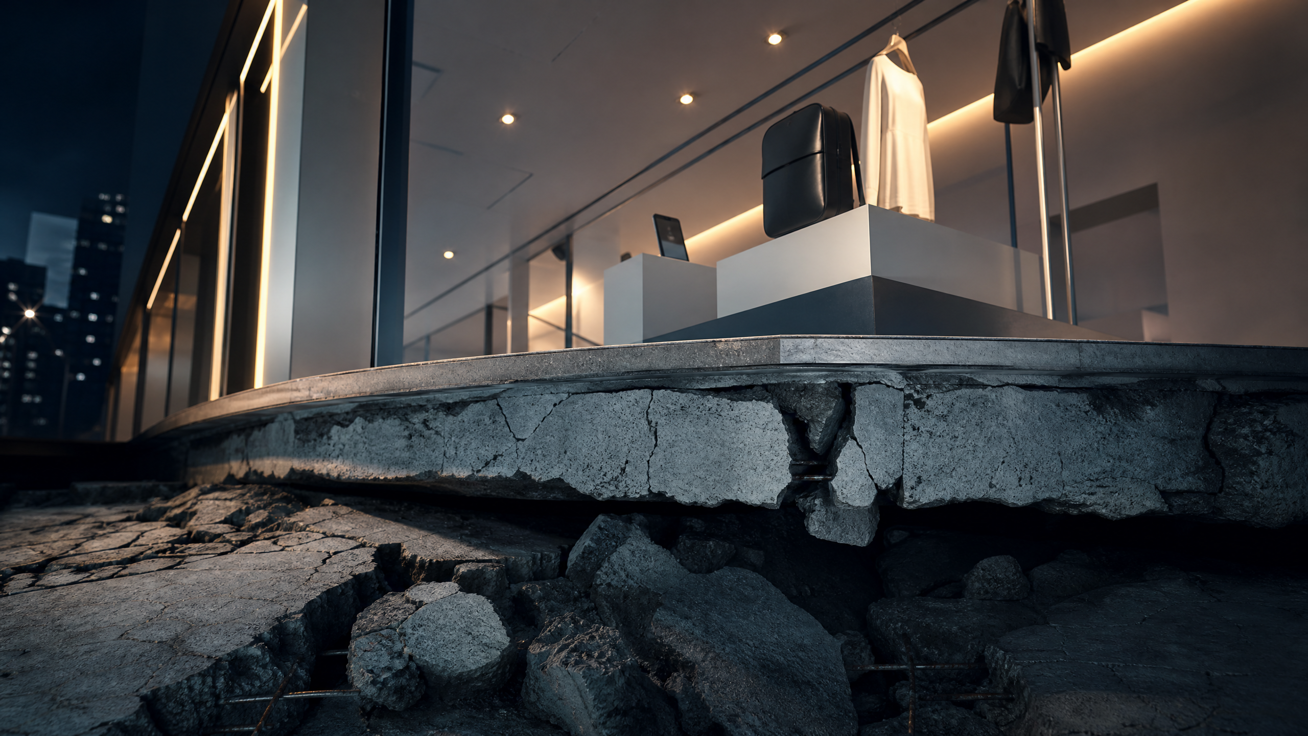 A pristine storefront window display sitting on a cracked, splitting concrete foundation