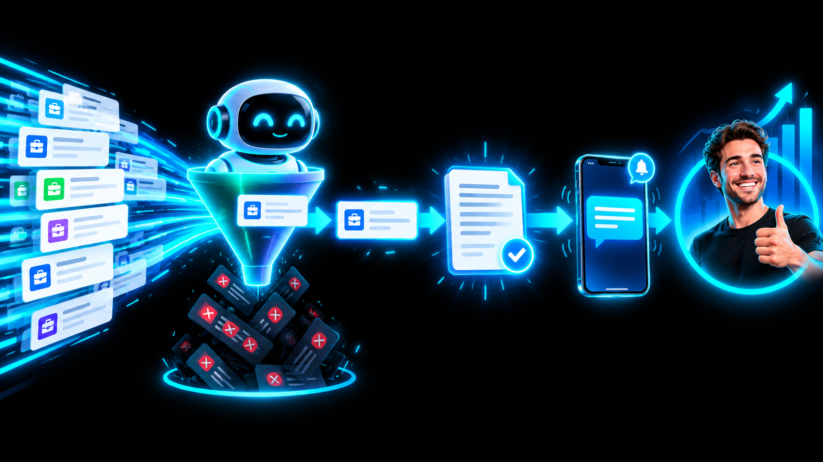 Flow diagram, a job board feed flowing into a glowing AI agent with a filter that discards most cards, one good card becoming a written proposal, then a phone buzzing with a text, then a thumbs up