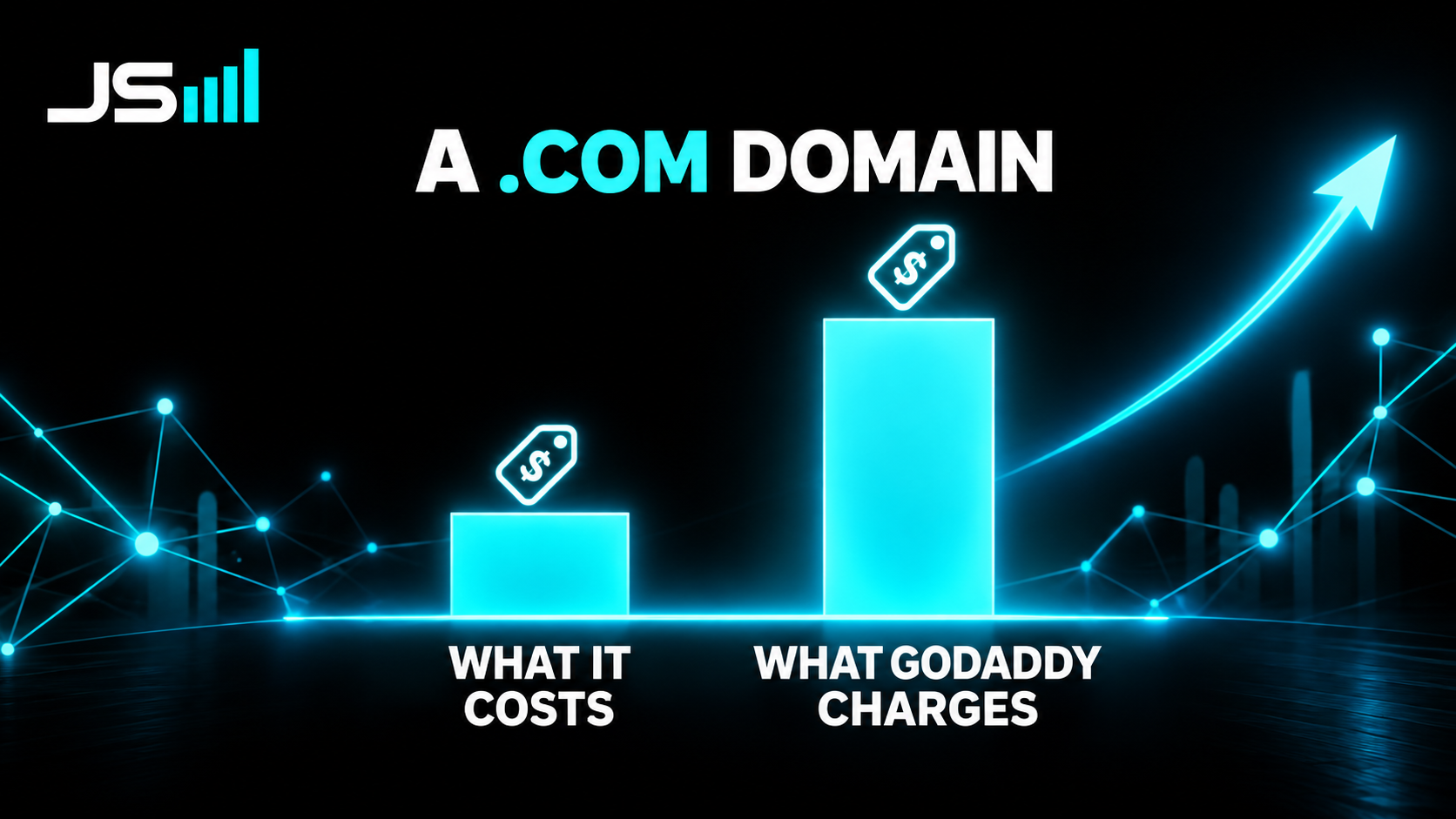 Bar chart for a .com domain, a short bar labeled what it costs and a much taller bar labeled what GoDaddy charges