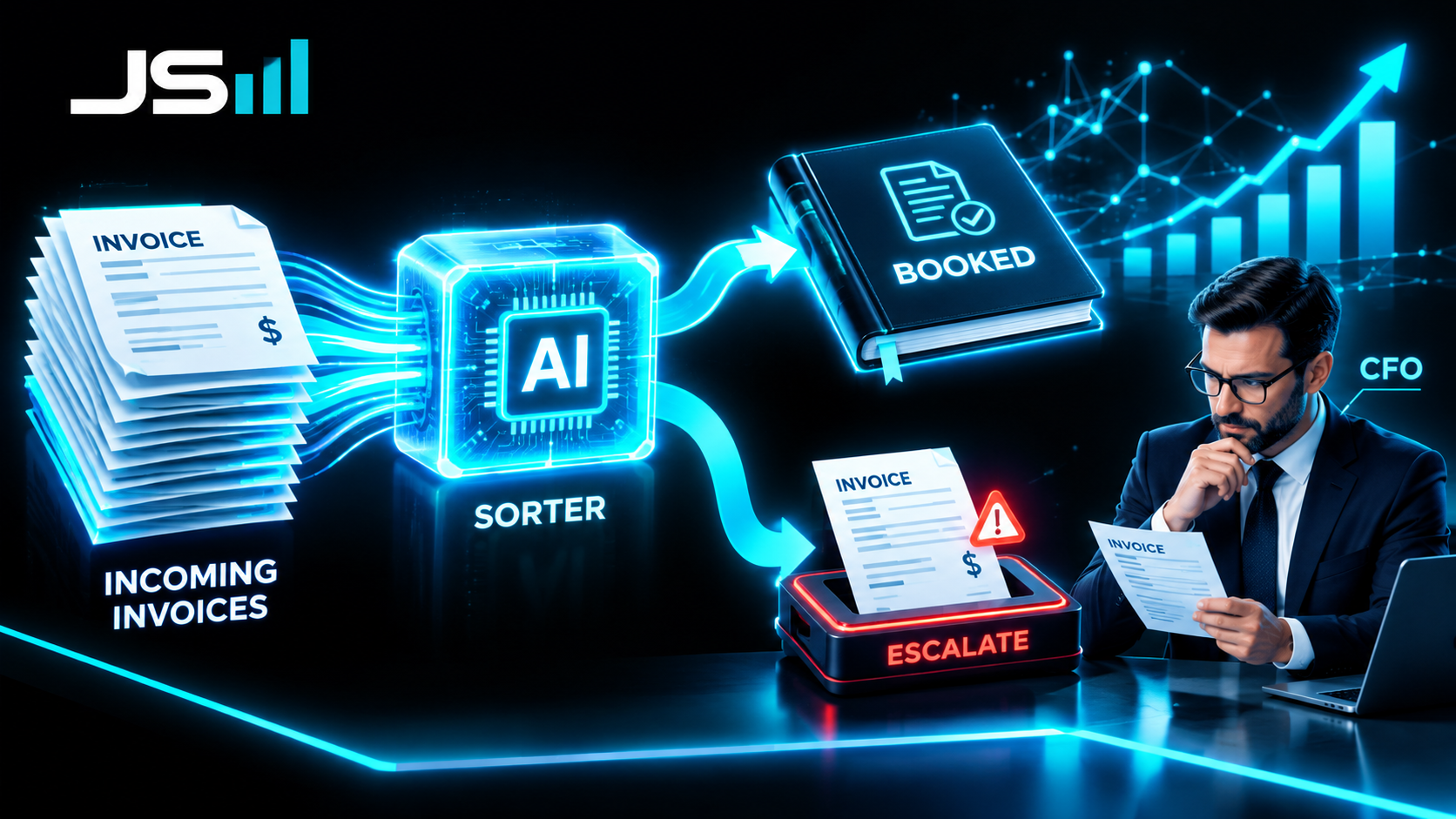 Invoices flowing into a glowing AI sorter, most flowing cleanly into a ledger labeled booked while one odd invoice is pulled aside onto a tray labeled escalate with an alert flag and a CFO reviewing just that one