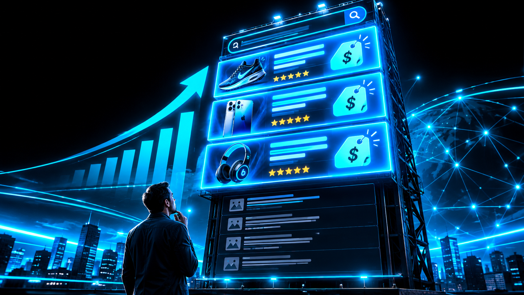Search results as a billboard tower, bright paid ad panels at the top and small organic listings far below at street level