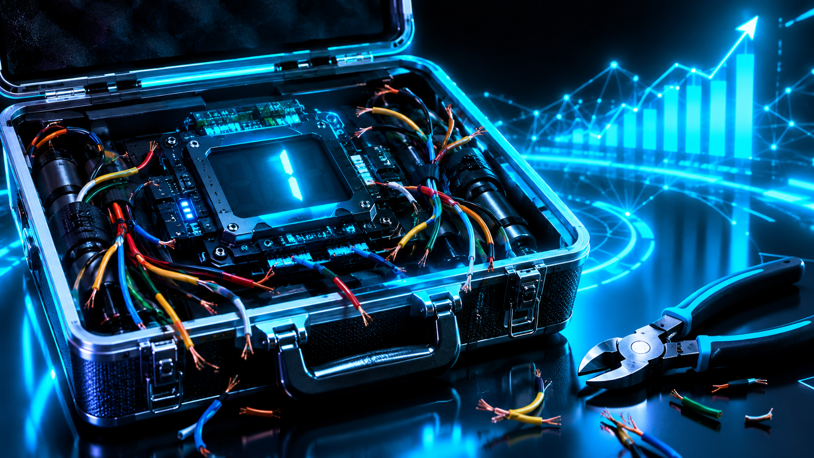An open case with every wire cut and hanging loose, the display frozen at 1, wire cutters set down beside it