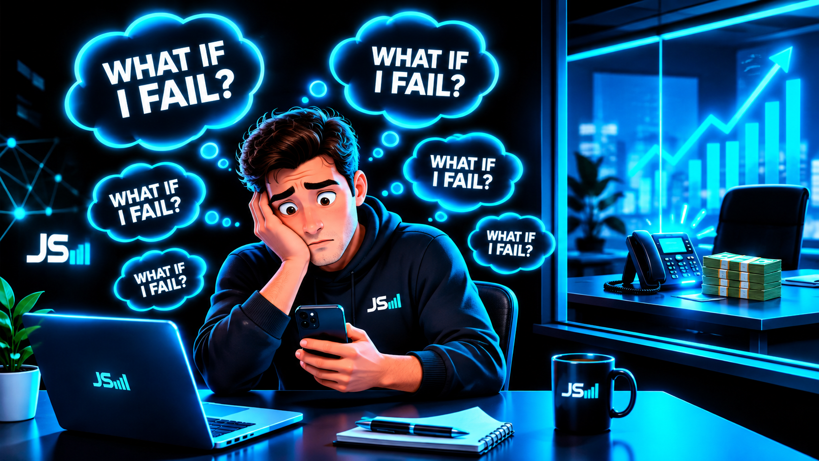 A person frozen at a desk holding a phone, surrounded by thought bubbles reading what if I fail, while through the window a phone rings next to a stack of cash, unnoticed