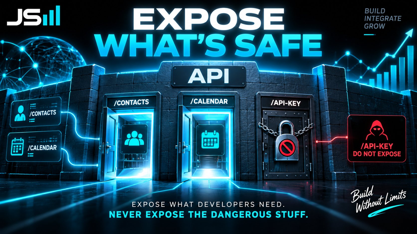 Security diagram of an API wall with safe endpoints open and an /api-key door padlocked shut with a red no-entry symbol, headline reading Expose What's Safe
