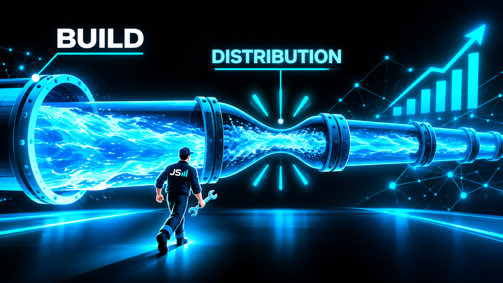 A chain of glowing pipes with a wide open section labeled BUILD gushing freely and a narrow pinched section labeled DISTRIBUTION where the flow backs up, a small figure with a wrench walking toward it