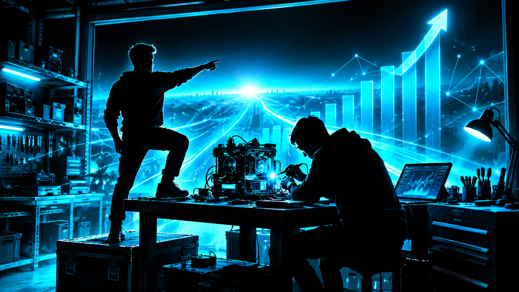 A garage workbench scene with two silhouetted figures, one standing on a crate pointing at a glowing horizon and the other hunched over the bench soldering a working machine together