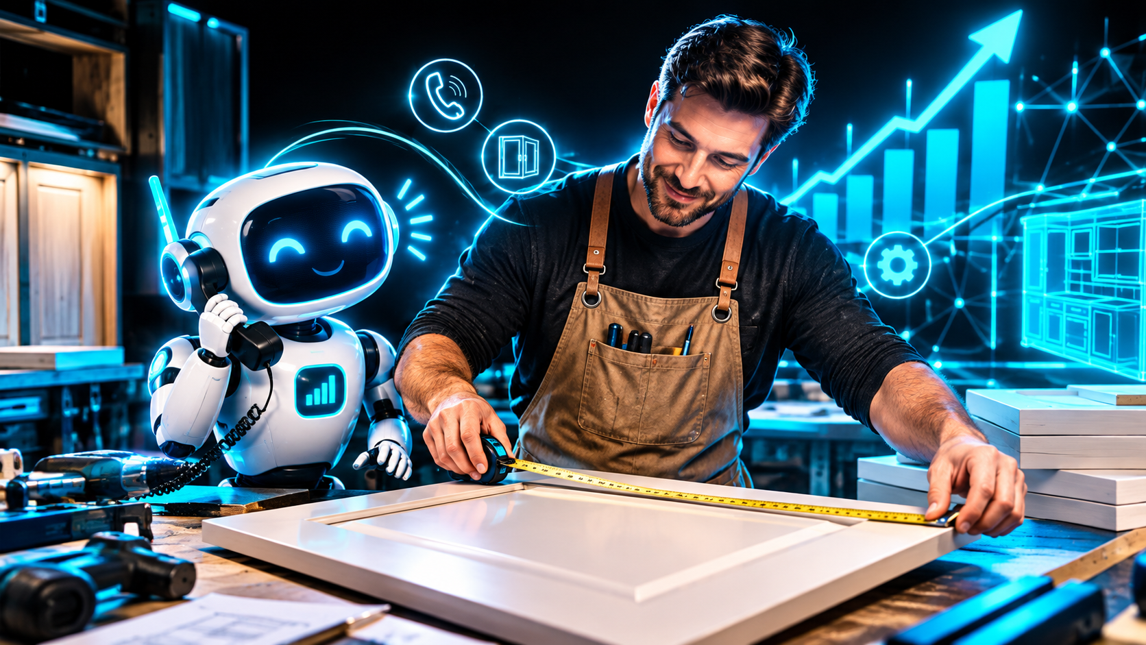 A cabinet shop owner measuring a cabinet door with both hands full while a small robot assistant beside him answers a ringing phone