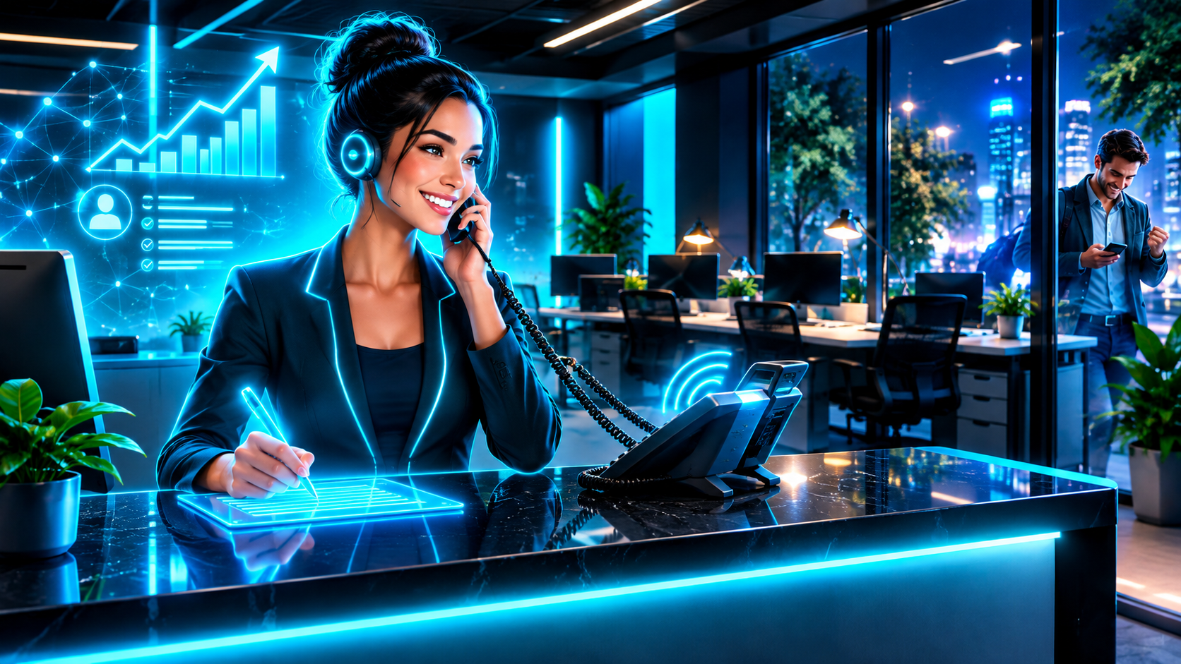 A quiet professional office after hours with empty desks and a ringing phone at the front counter answered by a glowing digital assistant taking notes