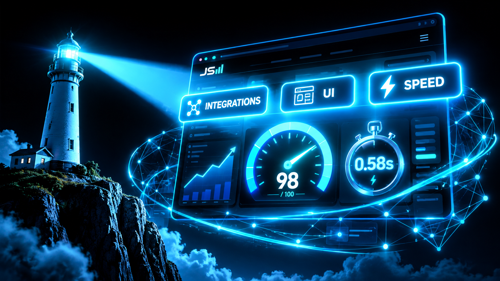 A lighthouse beam sweeping across a giant floating web page, lighting up labels for integrations, UI and speed, with a high score on a speed gauge
