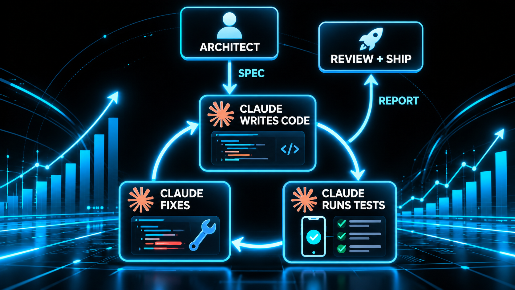 Diagram of a build loop: an architect sends a spec into a cycle where Claude writes code, runs tests on a phone simulator and fixes, then a report goes back up to review and ship