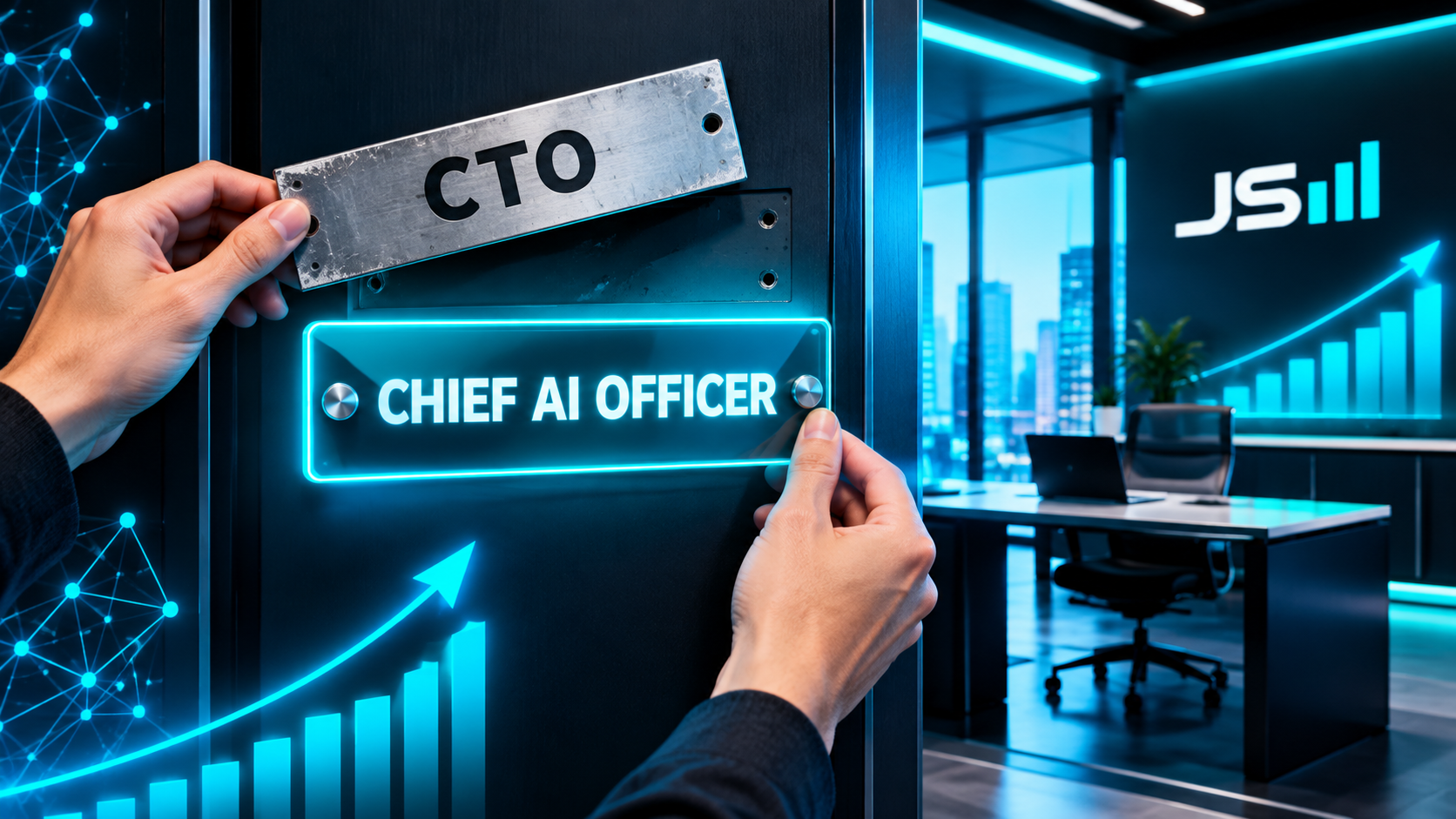 An office door nameplate being swapped, an old plate reading CTO lifted off and a shiny new plate reading Chief AI Officer going on, the same office behind the door