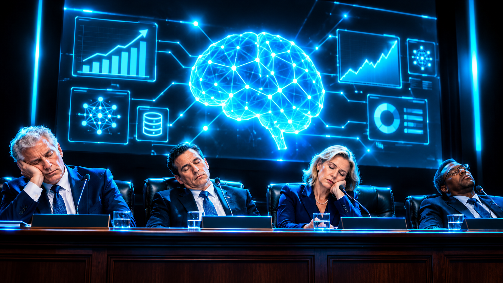 Officials in suits asleep at a government hearing bench while a glowing AI architecture diagram sits on the screen behind them unwatched