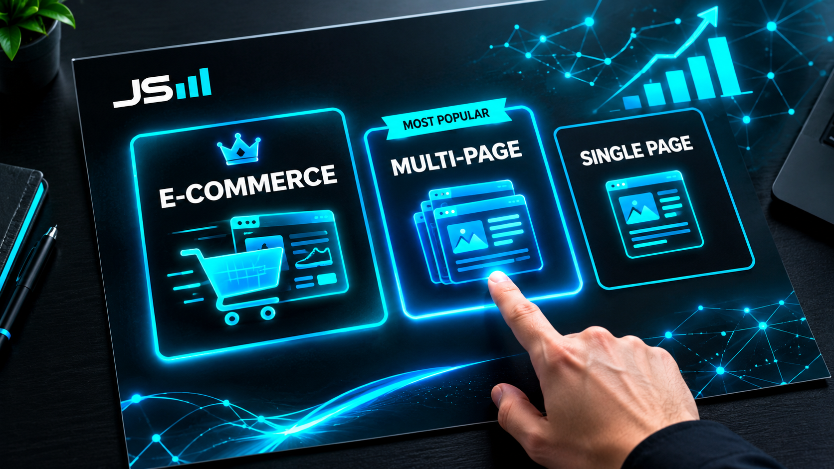 A one-page sales sheet with three package cards: a large E-Commerce card, a Multi-Page card with a Most Popular ribbon, and a small Single Page card, a hand pointing at the middle one
