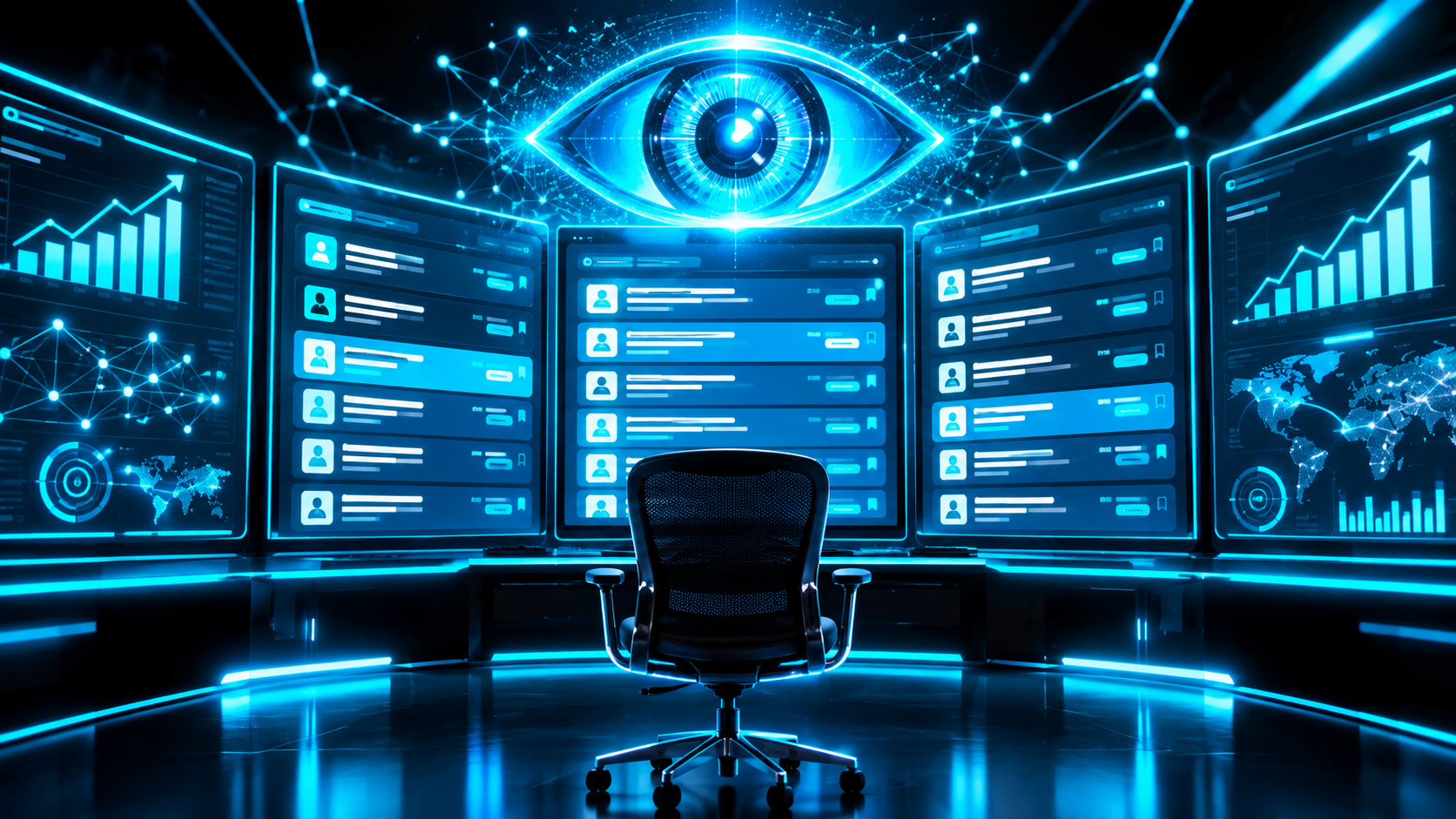 A glowing AI eye watching a live scrolling feed of job postings across a wall of screens in a dark room with an empty chair in front of them