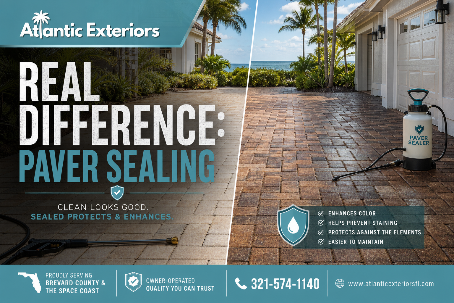 Paver sealing vs pressure washing by Atlantic Exteriors on a clean driveway