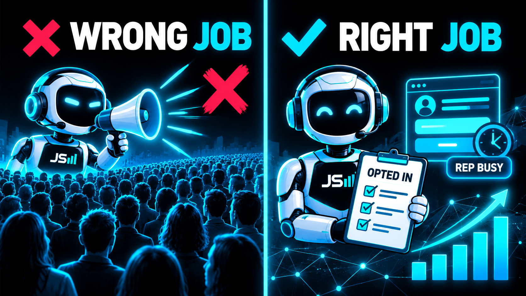 Two-column diagram: WRONG JOB shows a robot with a megaphone blasting a crowd of strangers with an X; RIGHT JOB shows a robot holding an opted-in checklist and a web form with a clock labeled rep busy, with a check mark