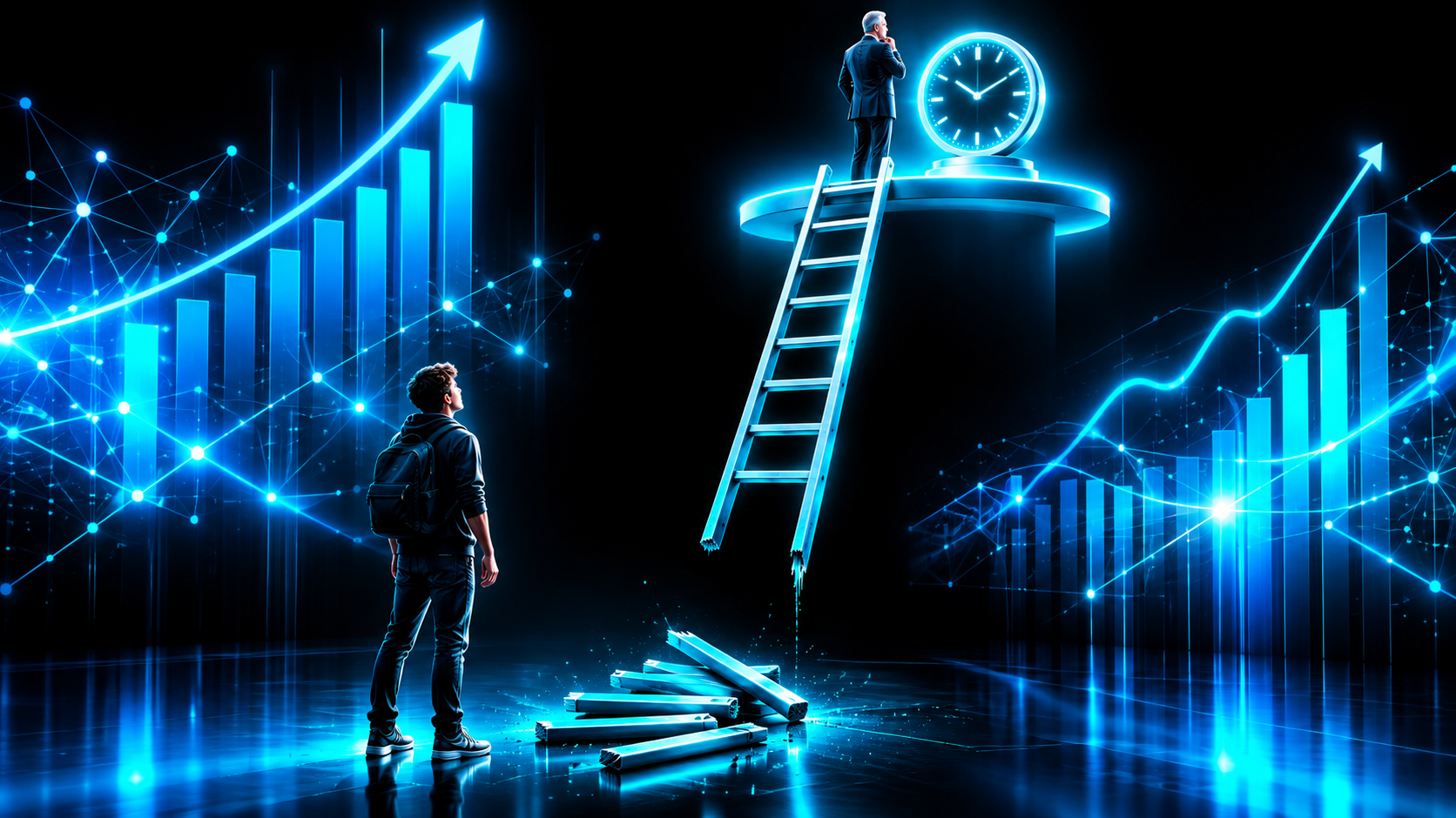 A tall ladder up to a lit platform where a single executive stands looking at a retirement clock, the bottom rungs of the ladder sawed off and lying on the floor, a young person at the bottom with no way up