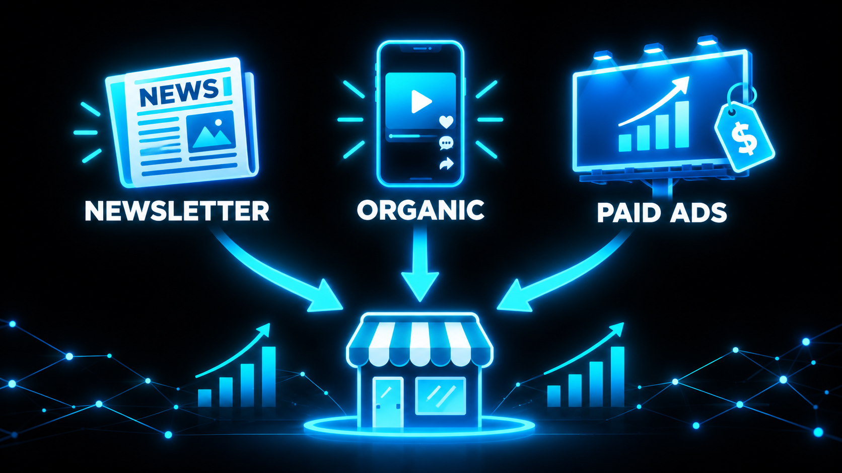 Three icons, a newspaper labeled newsletter, a phone labeled organic, and a billboard labeled paid ads, with arrows converging on one storefront