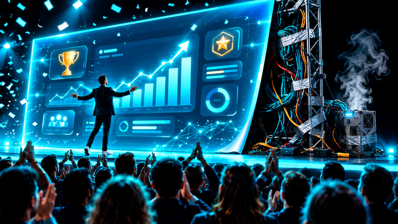 A polished gamified product demo glowing on a stage screen to an applauding crowd, with duct tape, exposed wires and a smoking box holding it up behind the screen