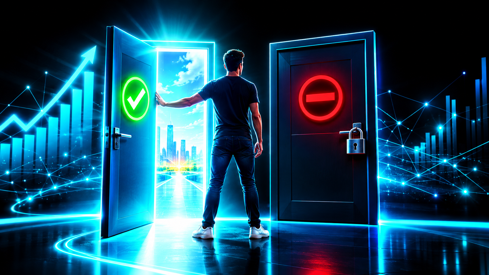 Two doors side by side, the left open with a green checkmark and light pouring through, the right shut with a red no-entry sign and padlock, a person between them with a hand on the open door