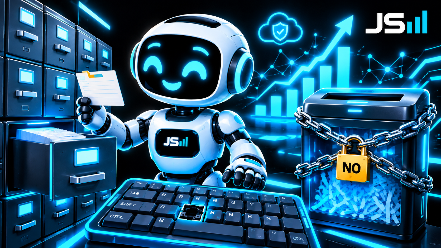 A friendly assistant robot reading an index card at a wall of filing cabinet drawers, next to a paper shredder wrapped in chains with a padlock, and a keyboard with the DELETE key missing