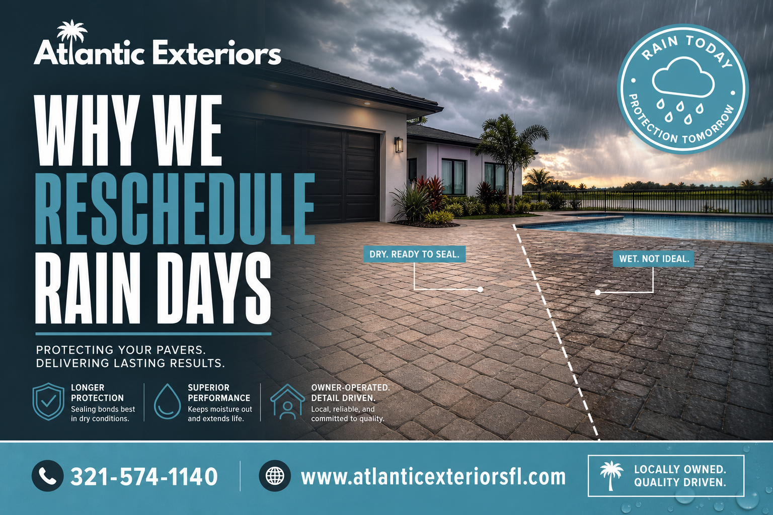 Paver sealing and afternoon rain article by Atlantic Exteriors with storm clouds