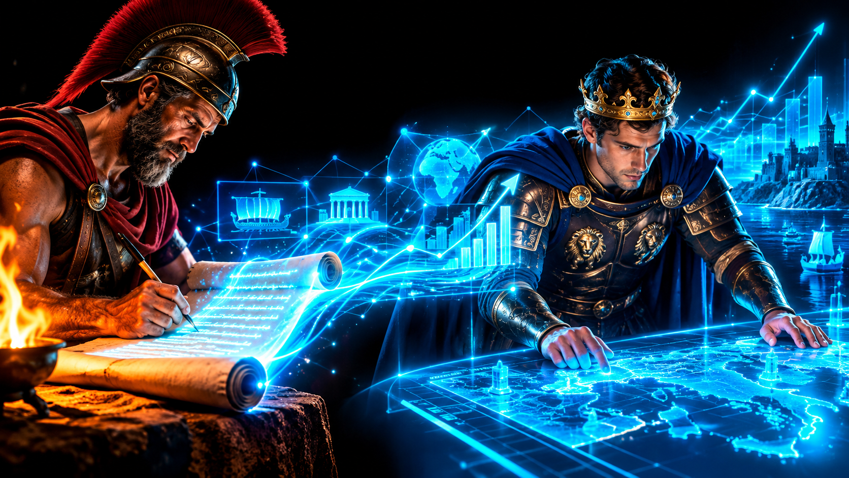 An ancient Greek soldier writing on a scroll by firelight, the scroll's glowing lines extending forward in time into the hands of a young armored king studying a map table