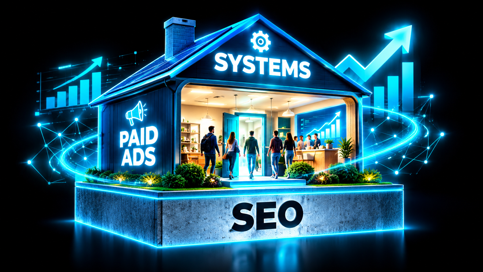 Cutaway diagram of a house with the foundation labeled SEO and the house on top labeled paid ads and systems, with customers walking in the glowing front door