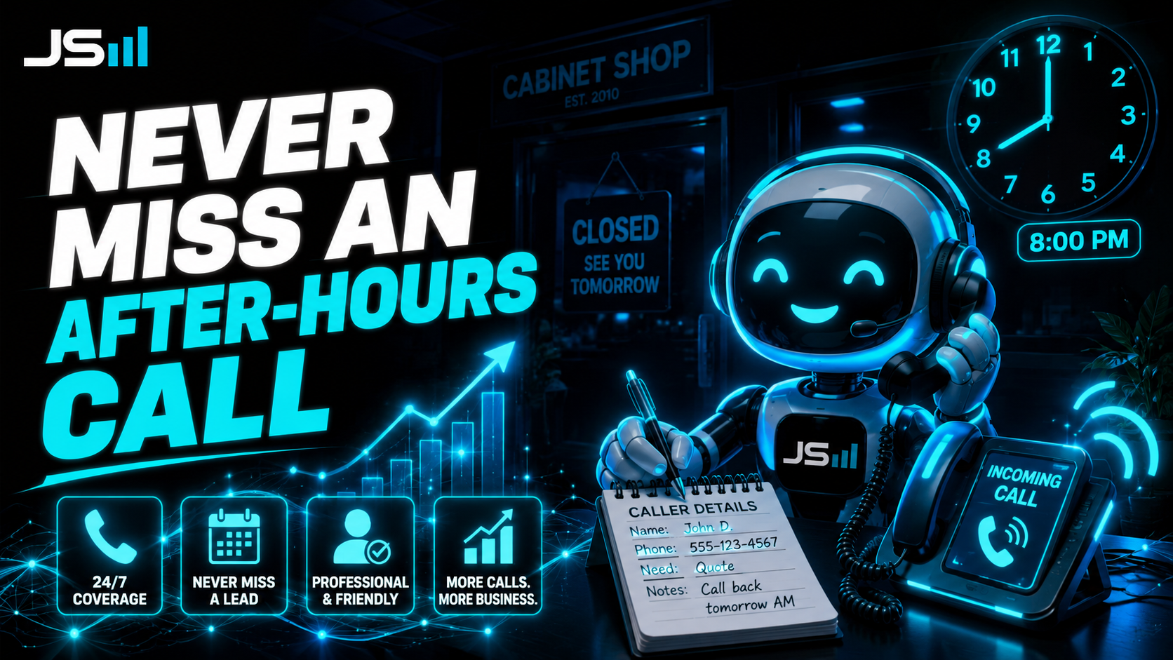 A closed cabinet shop at night, clock reading 8pm, phone ringing, a glowing AI receptionist answering and writing down the caller's details, headline reading Never Miss an After-Hours Call