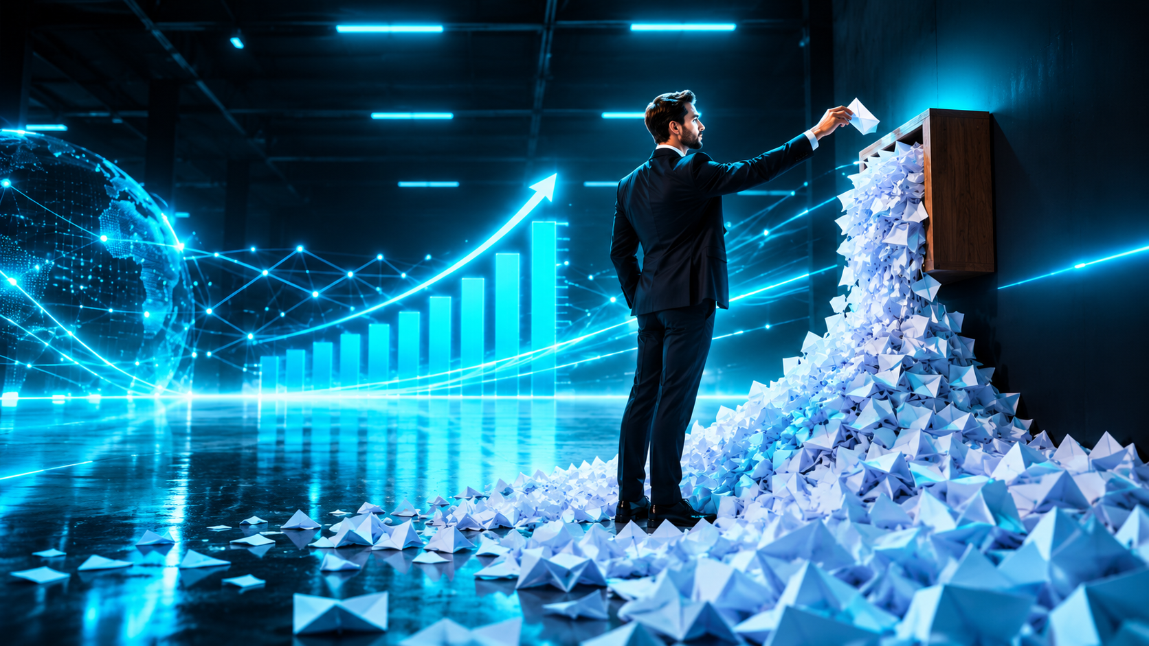 A founder dropping a request into a suggestion box that is overflowing with thousands of identical papers