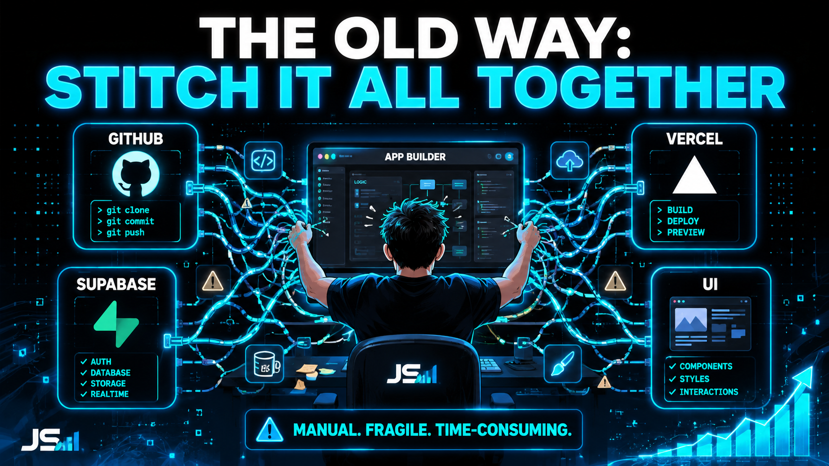 Architecture diagram titled The Old Way: Stitch It All Together, showing a person and an app-builder tool wiring together GitHub, Vercel, Supabase, and UI into one app