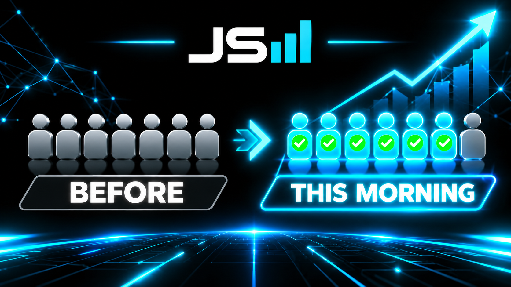 Seven gray person icons labeled before next to seven icons with six glowing green checkmarks labeled this morning