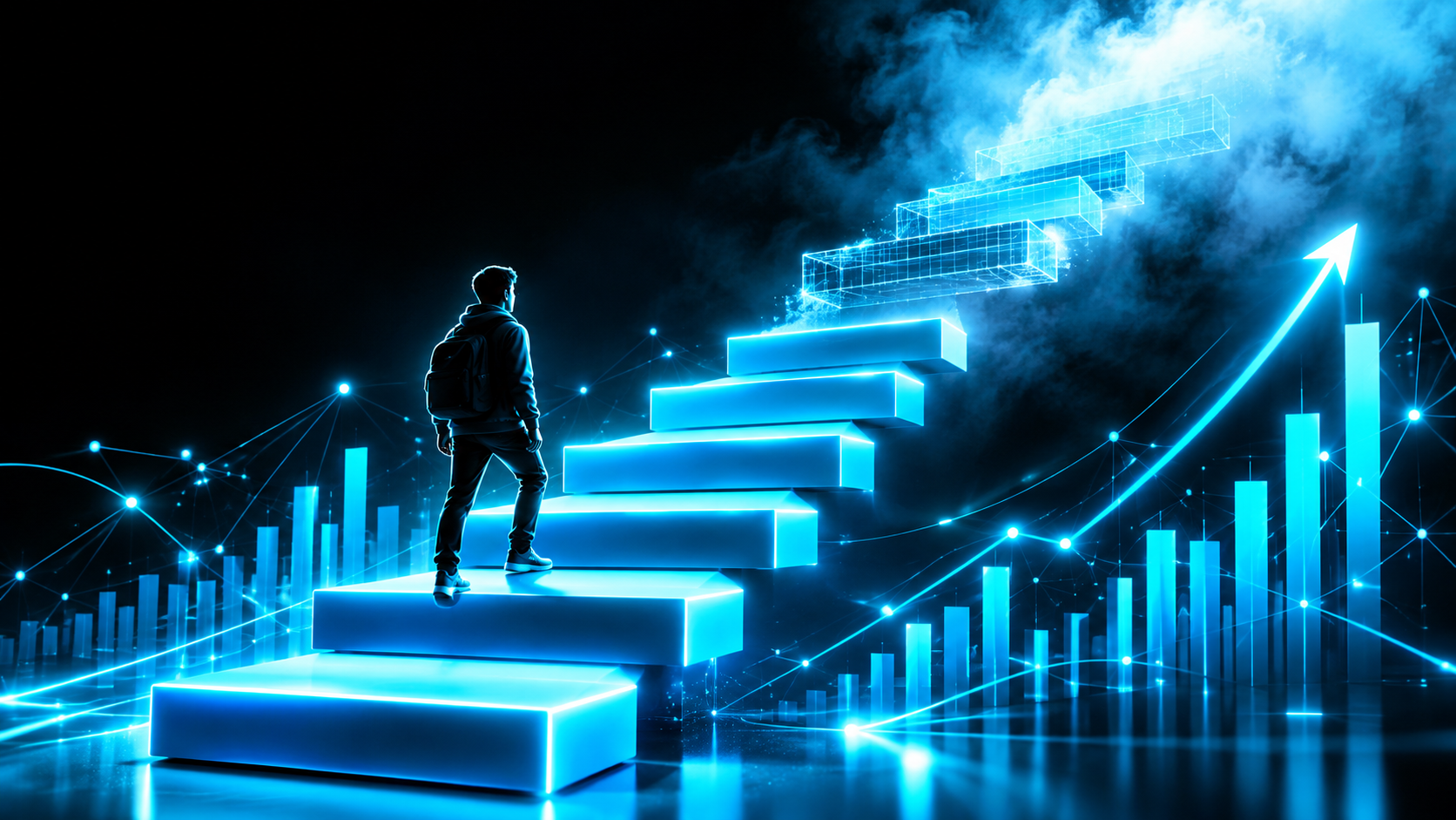 A staircase where the lower steps are solid and lit while the next step up is only half built and disappears into fog, with a figure pausing on the last solid step